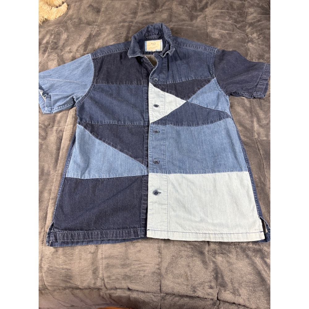 RE-MAKE'S Tokyo Japan Mens Blue Patchwork Denim Short Sleeve Shirt Size 3 L